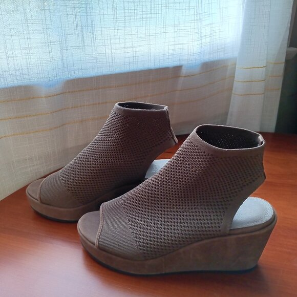 Eileen Fisher Brown Suede and Woven Knit Wedge Open Toe Booties - Picture 1 of 13